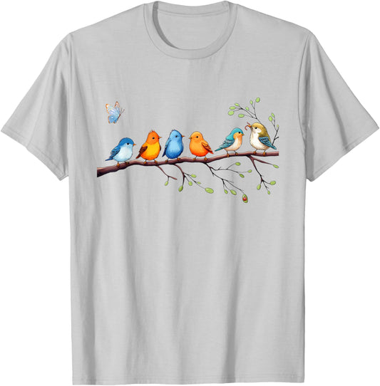 Happy Cute Birds on Branch Ladybug Butterfly T-Shirt - T-Shirt | Ash