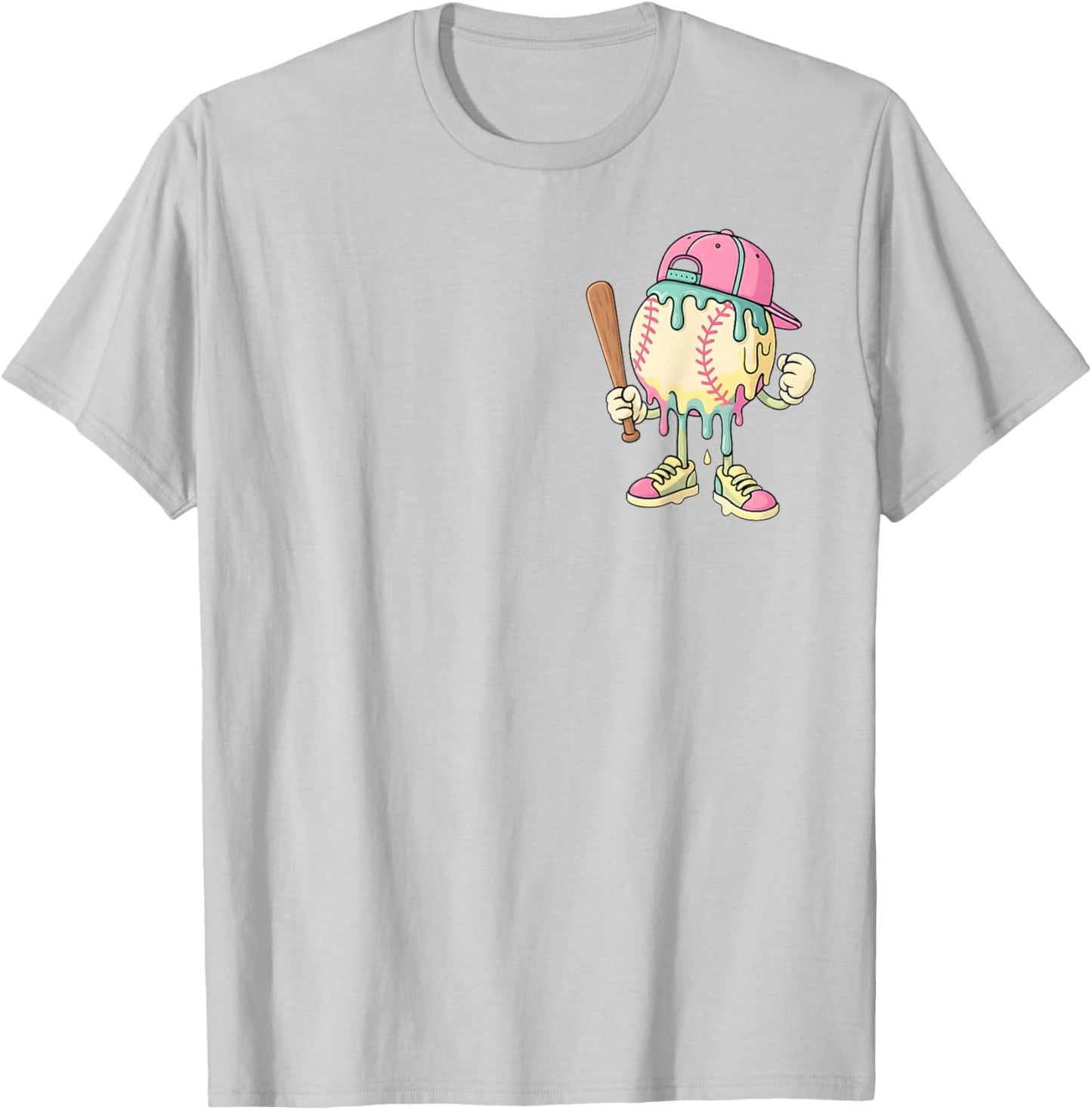 Cute Baseball Ice Cream Drip for Girls & Boys (2 Sides) T-Shirt - T-Shirt | Ash