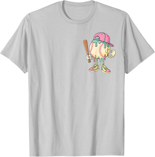 Cute Baseball Ice Cream Drip for Girls & Boys (2 Sides) T-Shirt - T-Shirt | Ash