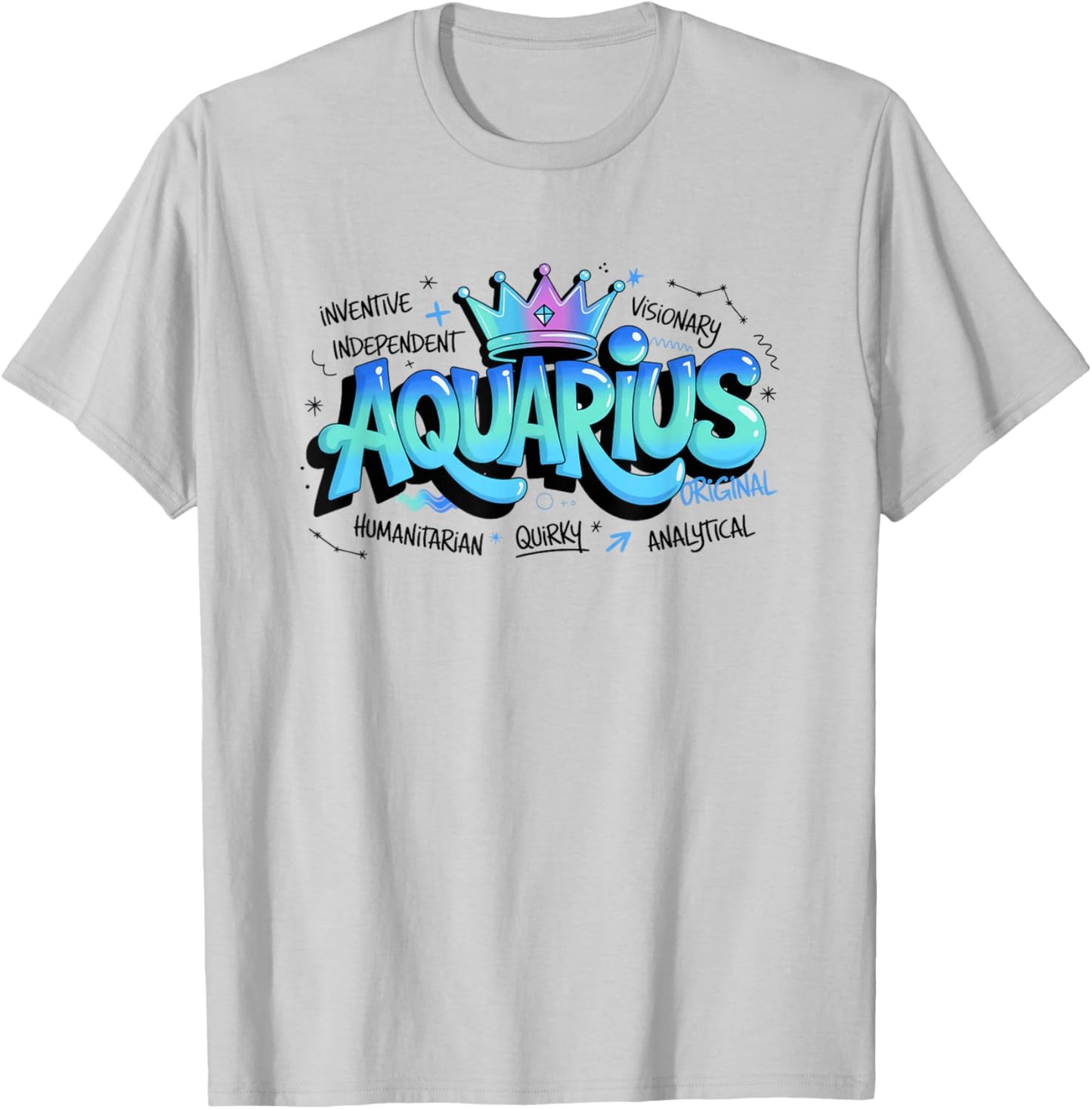 Colorful Aquarius Zodiac Typography Sign Quirky Design T-Shirt - T-Shirt | Ash