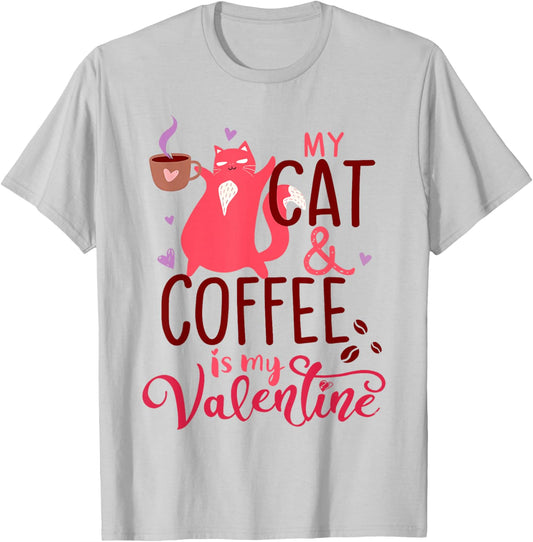 Cat and Coffee is My Valentine's Day Men Women Kids T-Shirt - T-Shirt | Ash