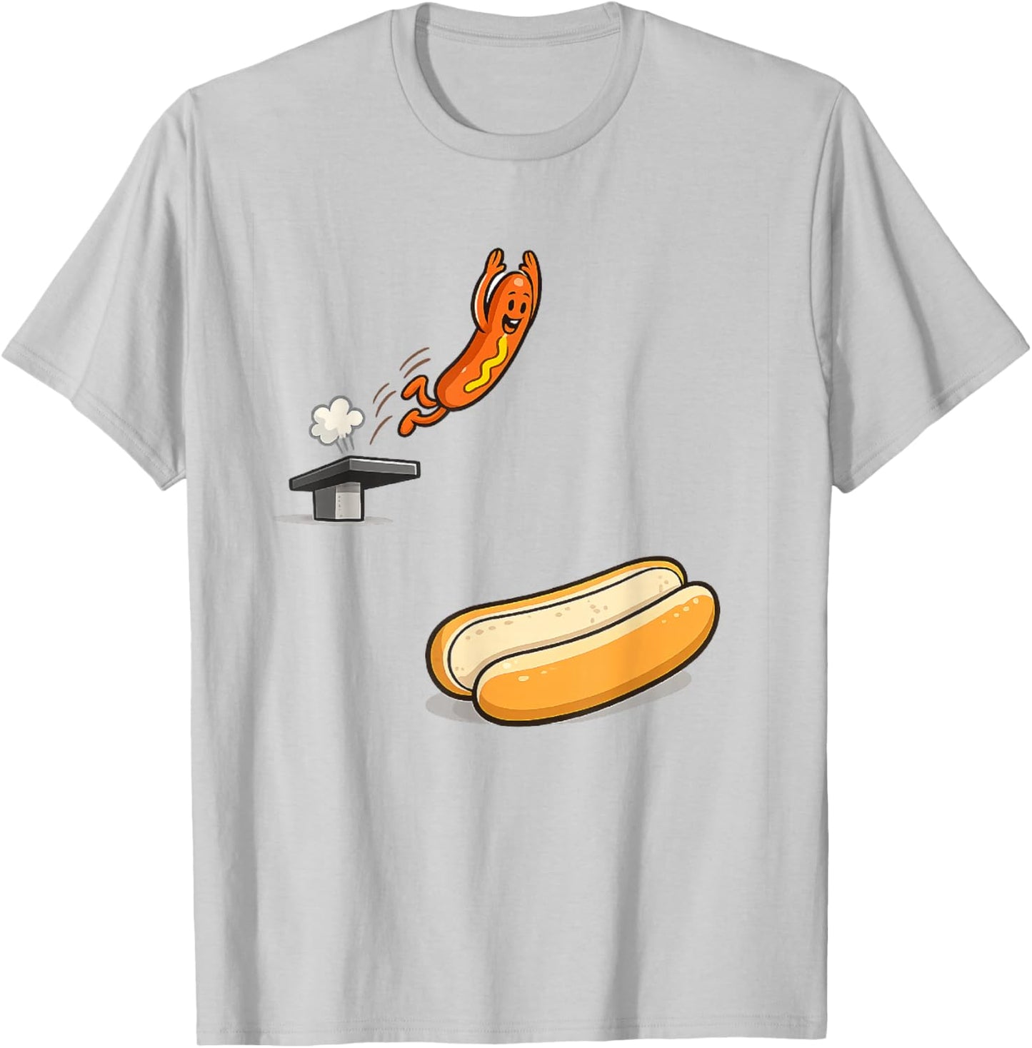 Funny Hot Dog Diving Into Bun Cartoon Food Humor T-Shirt - T-Shirt | Ash