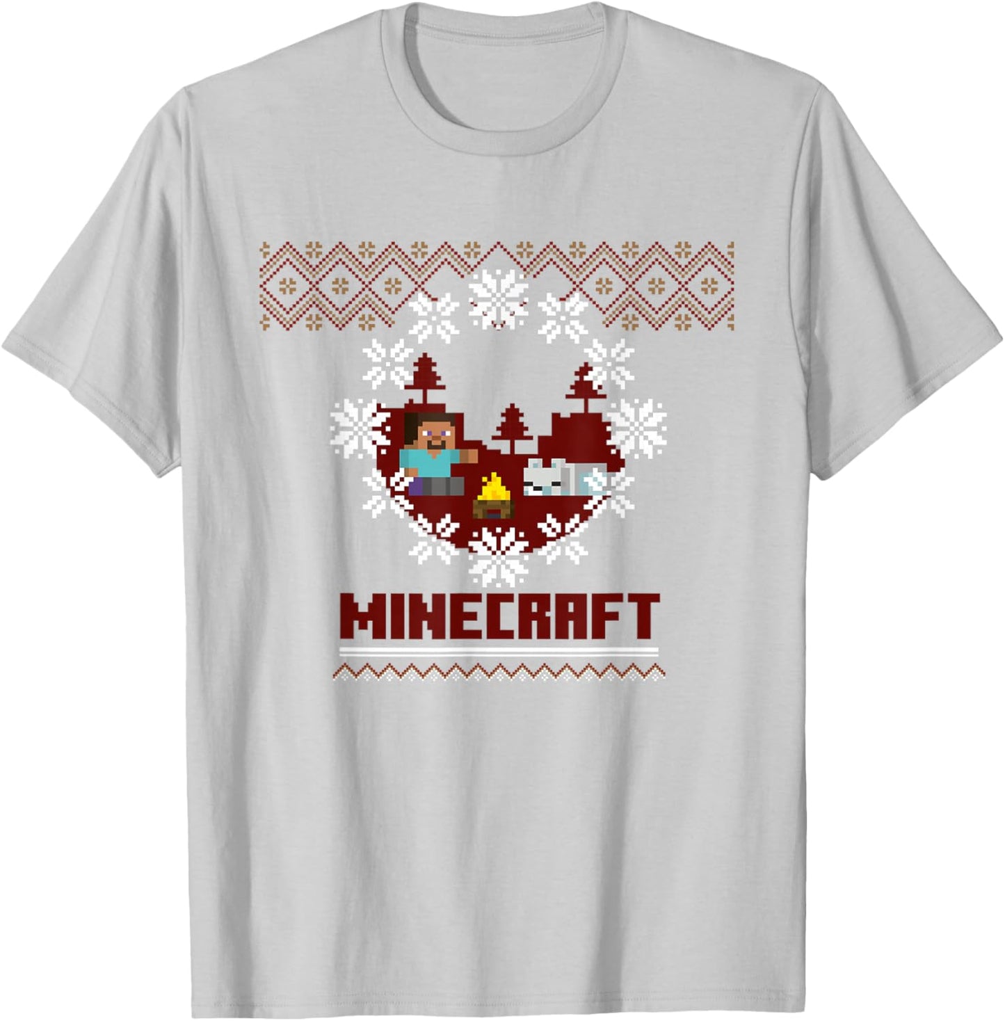 Minecraft Pixel Steve and Wolf Winter Christmas Scene T-Shirt - T-Shirt | Ash