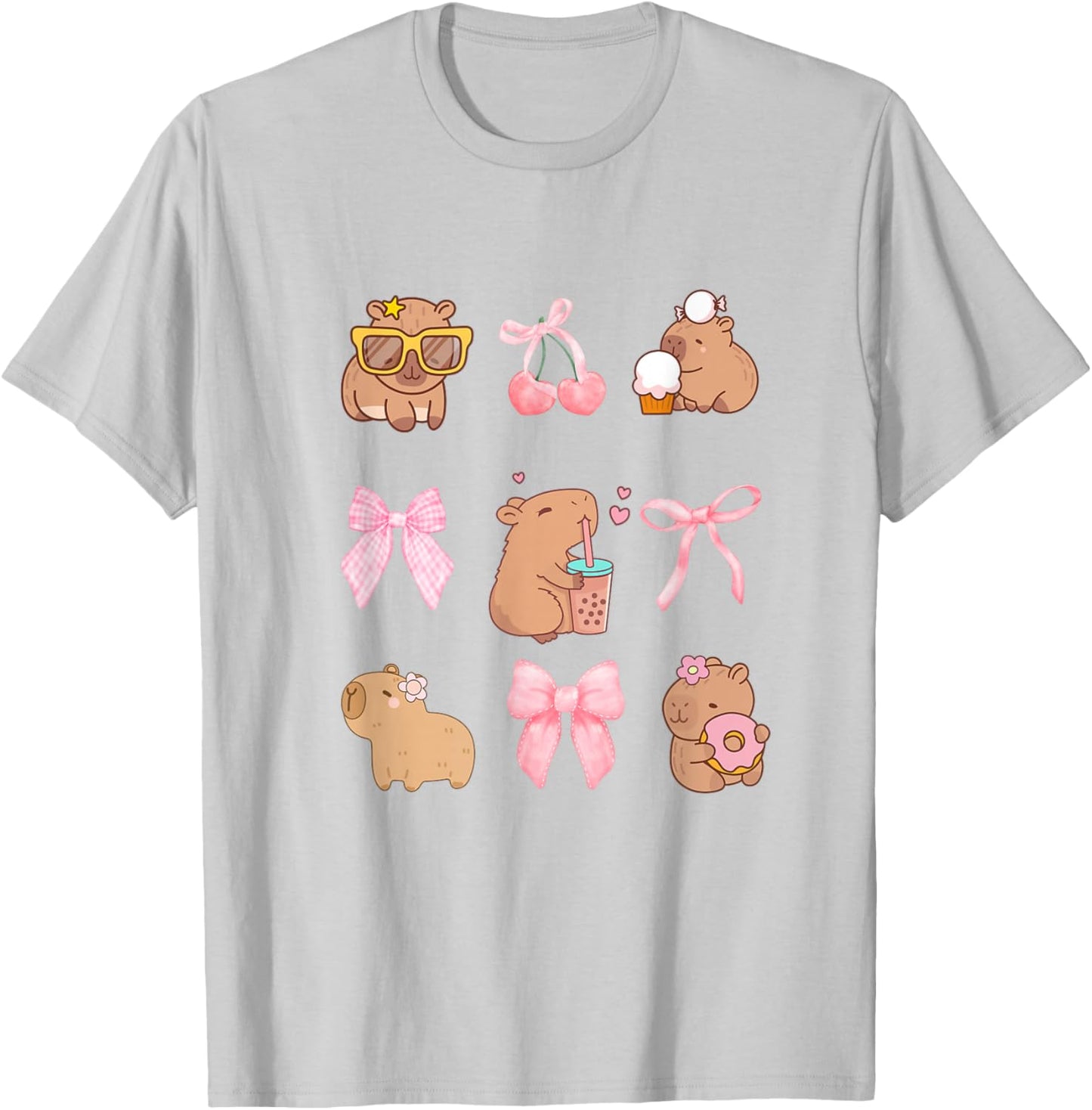 Cute Coquette Bow Capybara Pajamas Pjs Clothes Girls T-Shirt - T-Shirt | Ash