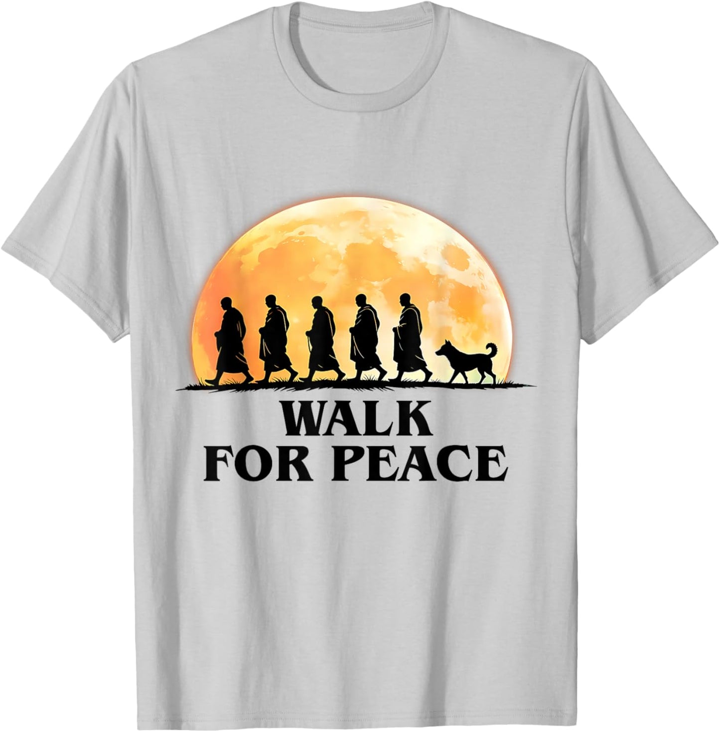 Retro Peace Walking Monks & Dog Minimalist Zen Art Graphic T-Shirt - T-Shirt | Ash
