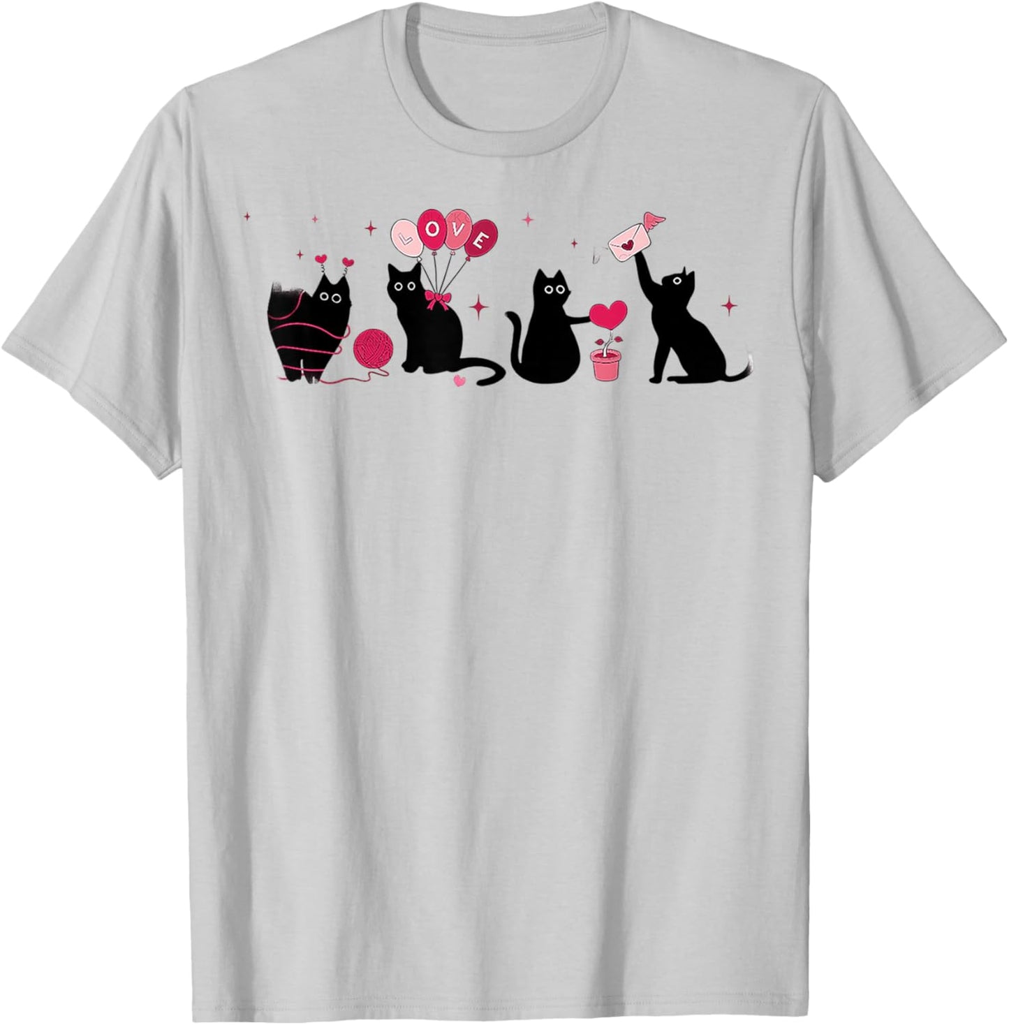 Retro Black Cat Playing Heart Valentines Day Cat Kitty Lover T-Shirt - T-Shirt | Ash