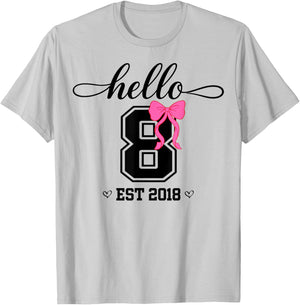 Hello Eight Est 2018 Coquette Bow 8th Birthday Girl T-Shirt - T-Shirt | Ash
