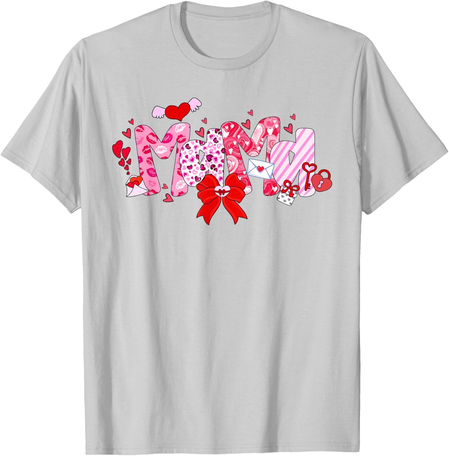 Valentine Mama Heart Mom Valentines Day Coquette Bow T-Shirt - T-Shirt | Ash