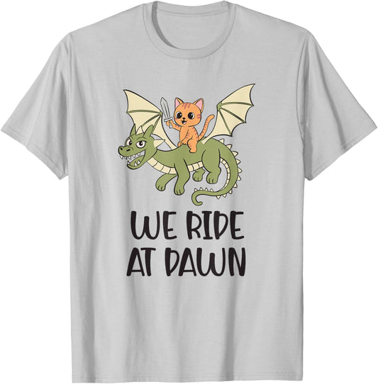 We Ride at Dawn Cute Cat and Dragon Fantasy Art T-Shirt - T-Shirt | Ash
