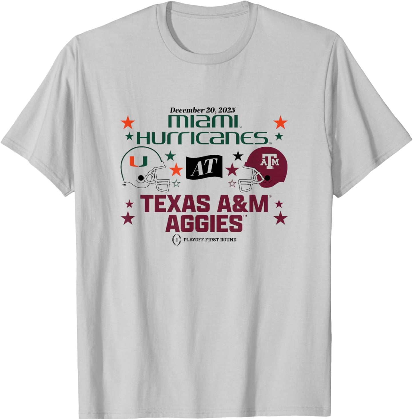 Texas A&M & Miami: 2025 CFP First Round Matchup T-Shirt - T-Shirt | Ash