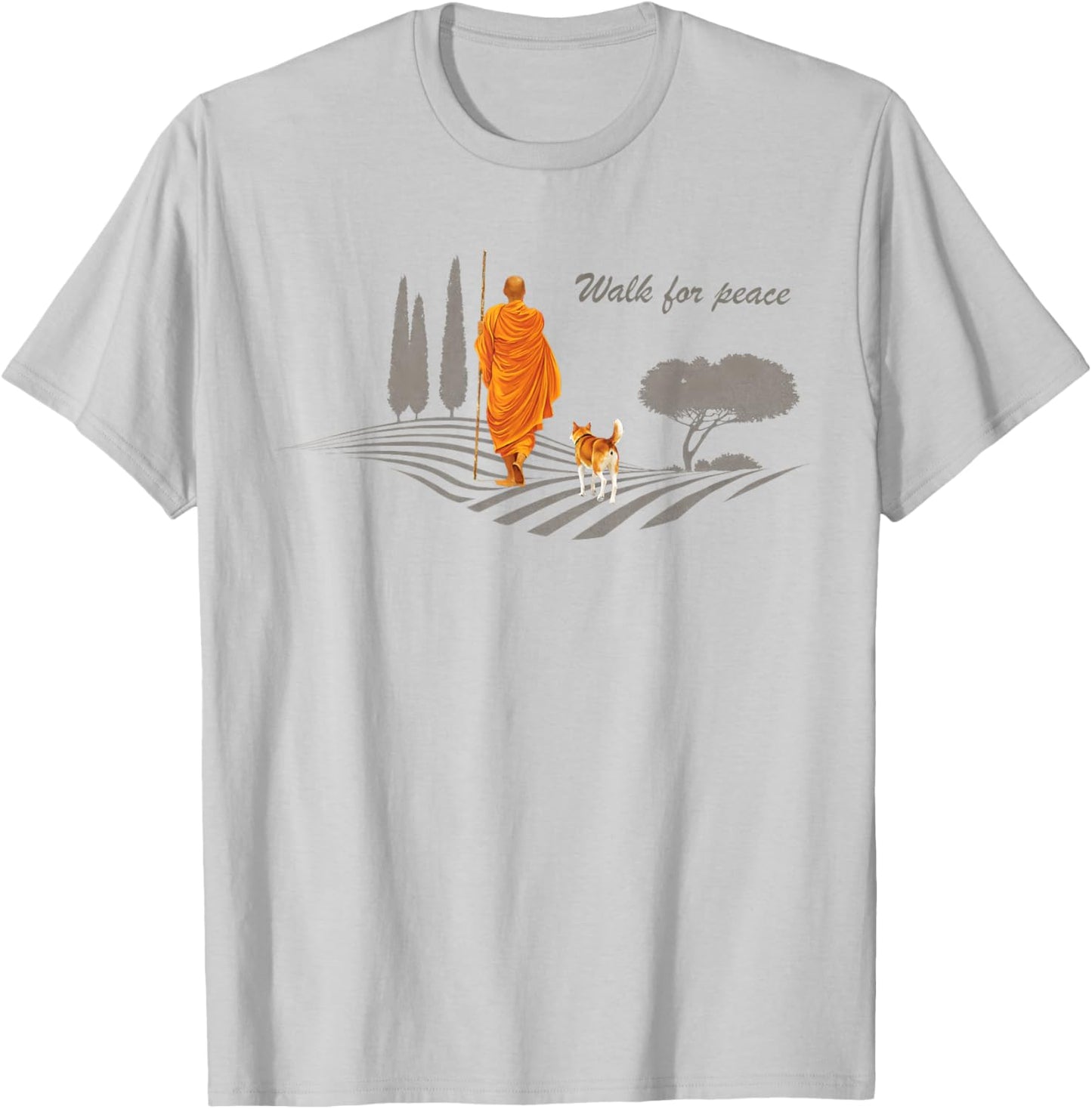 Retro Peace Walking Monks & Dog Minimalist Zen Art T-Shirt - T-Shirt | Ash