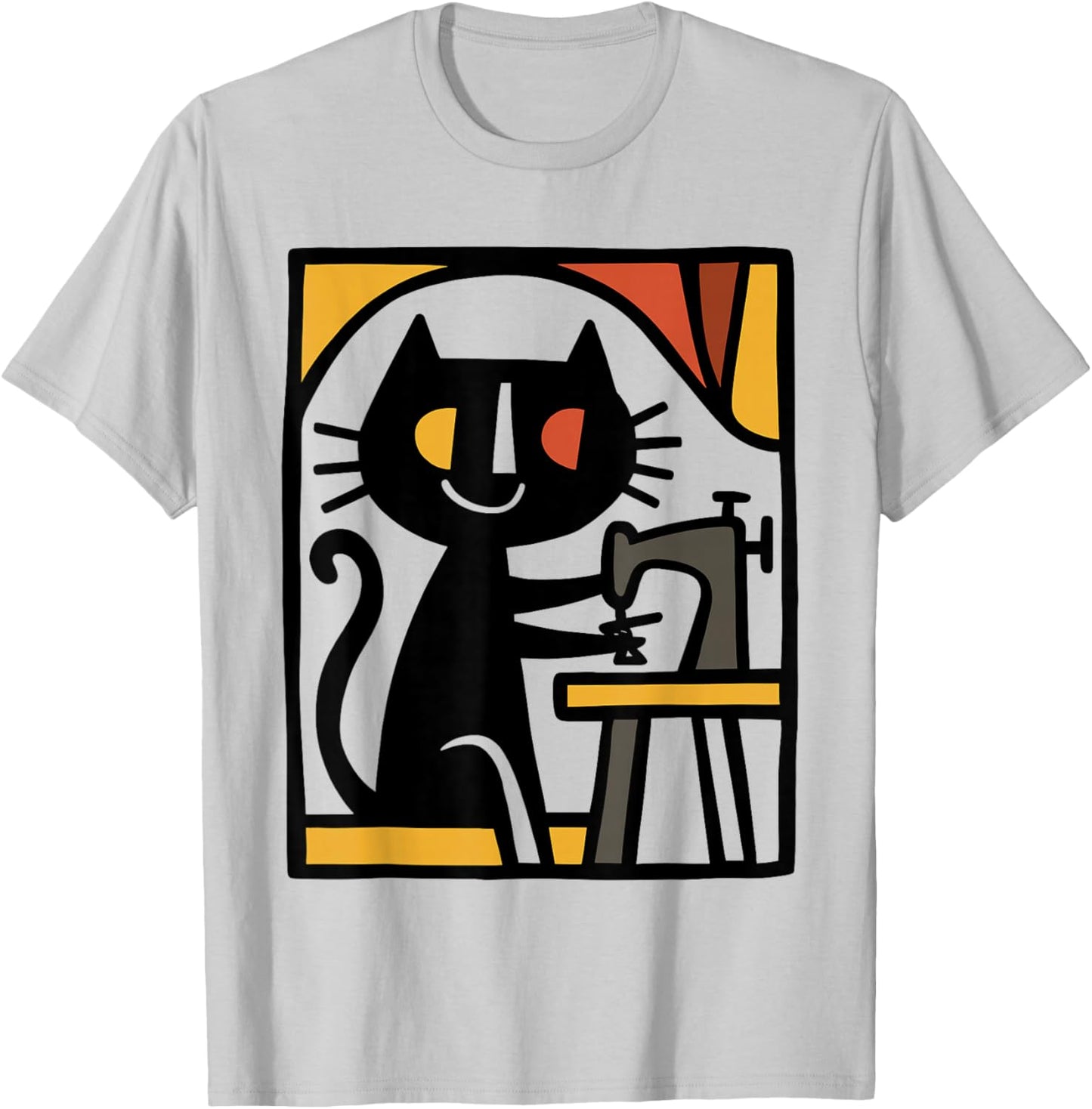 Black Cat Sewing Illustration Cute Cat at Sewing Machine Art T-Shirt - T-Shirt | Ash