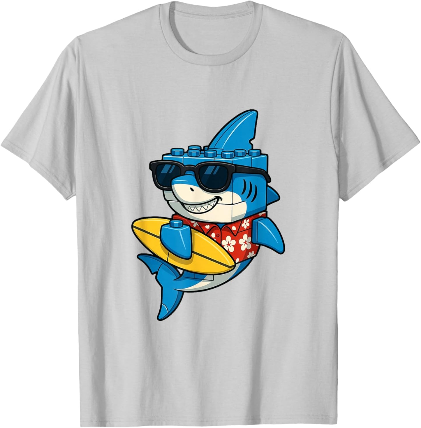 Cool Block Shark Surfer Sunglasses Summer Vibes Design T-Shirt - T-Shirt | Ash