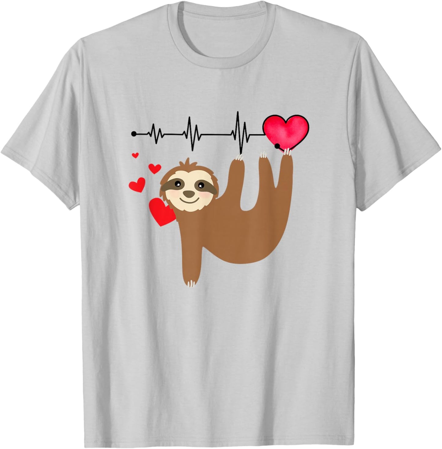 Love Sloth Heart Beat Gift Valentine Birthday Anniversary T-Shirt - T-Shirt | Ash