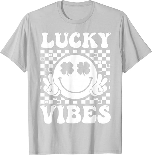 Lucky Vibes Retro Smile Face Irish Shamrock St Patricks Day T-Shirt - T-Shirt | Ash