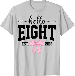 Hello Eight Est 2018 Coquette Bow 8th Birthday Girl T-Shirt - T-Shirt | Ash