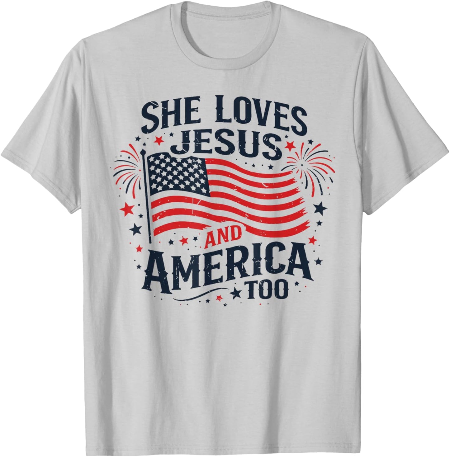 Patriotic Girl She Loves Jesus and America Too American Flag T-Shirt - T-Shirt | Ash