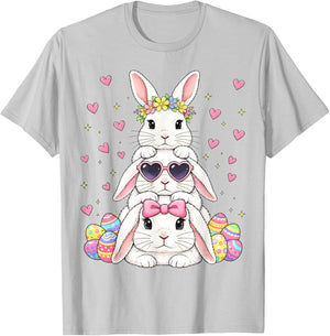 Cute Happy Easter Bunny Stack Floral Easter Eggs Girl Kids T-Shirt - T-Shirt | Ash