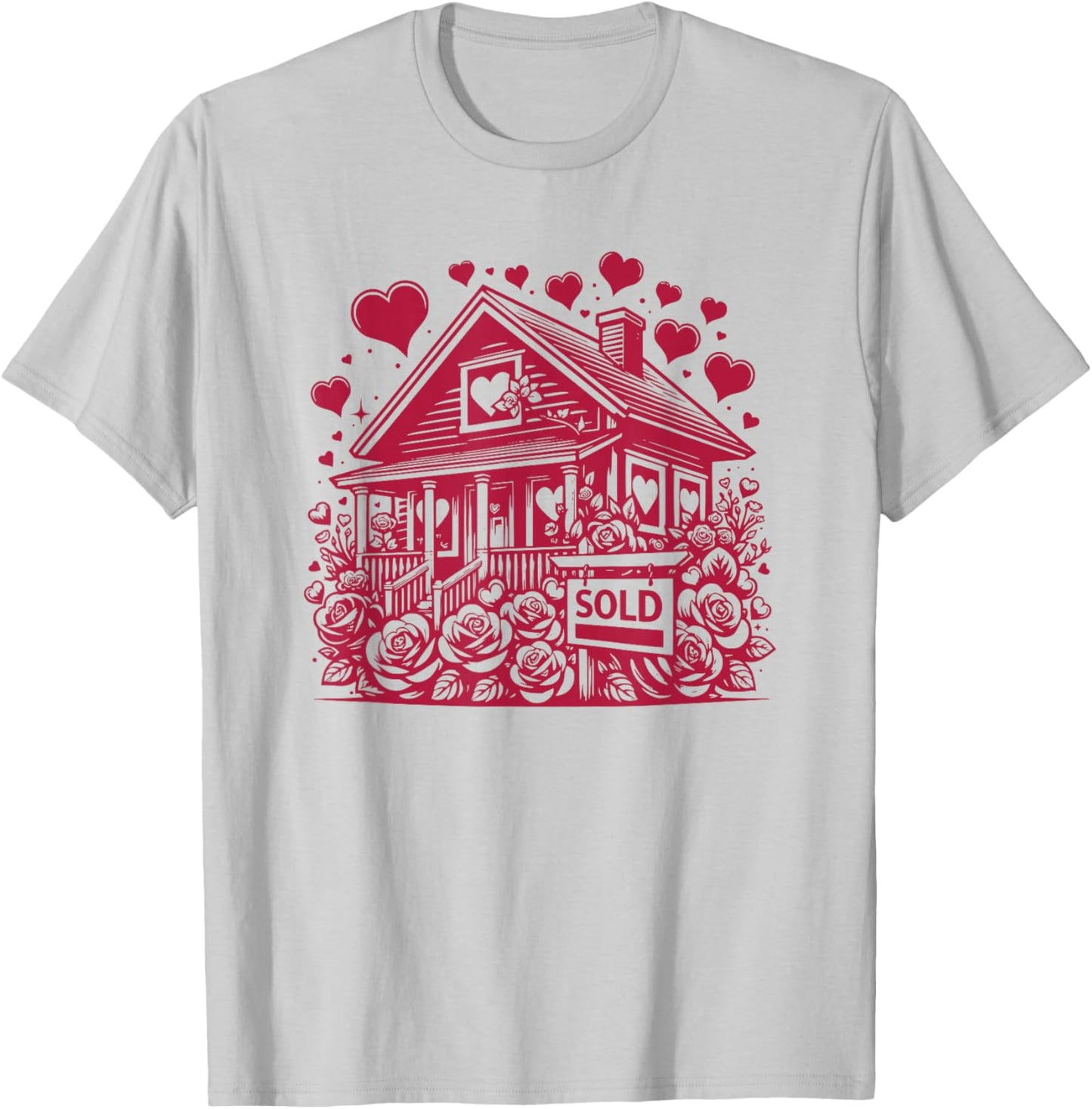 Real Estate Valentine's Day Realtor Cute House and Flowers T-Shirt - T-Shirt | Ash