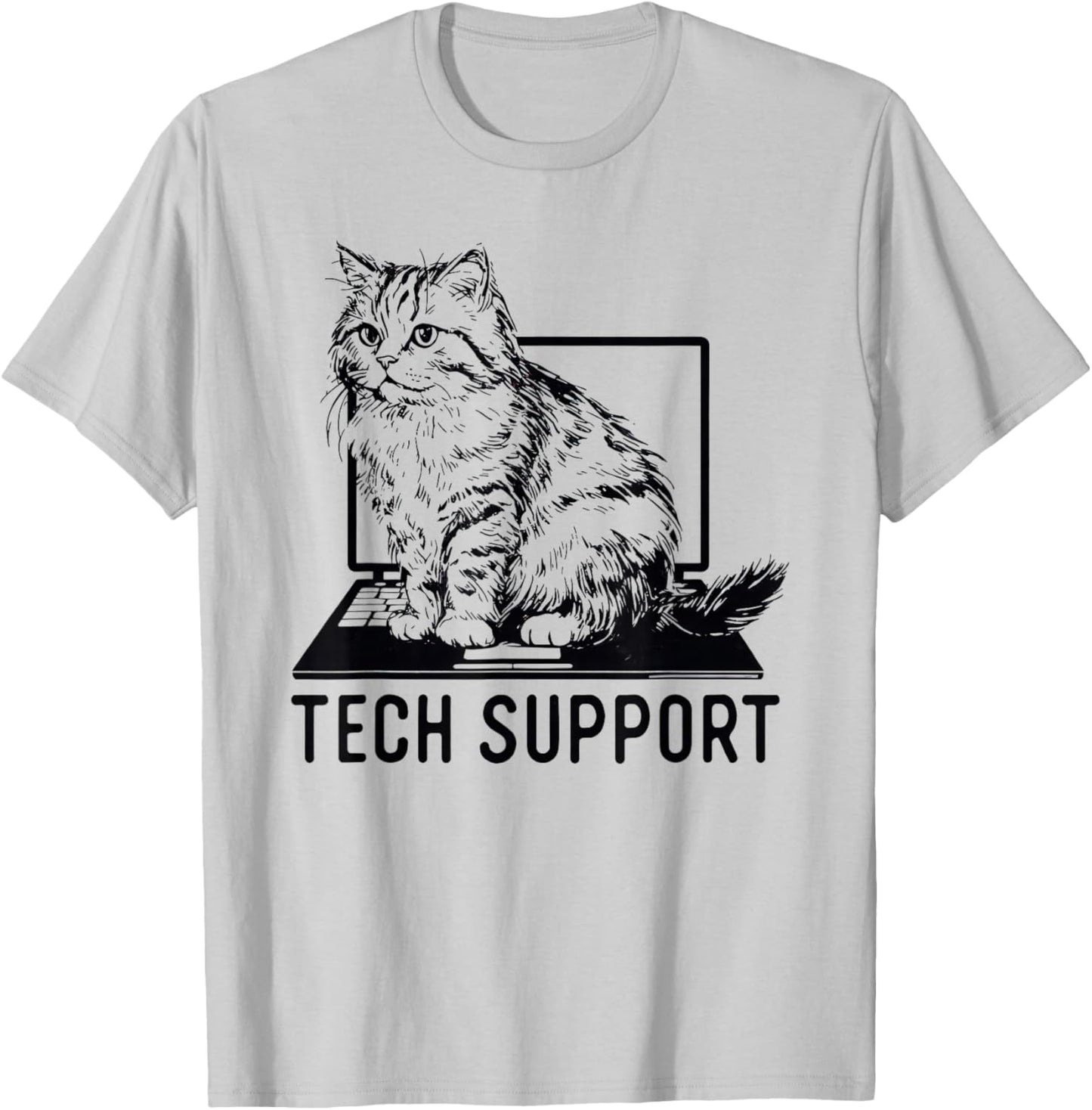 Tech Support Funny Cat Sitting On Laptop Computer T-Shirt - T-Shirt | Ash