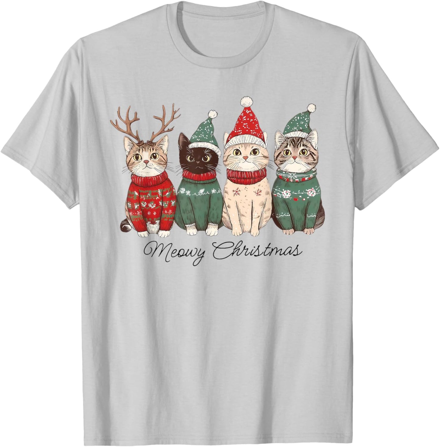 Meowy Catmas Cat Christmas Lights Xmas Pajamas Cat Lover T-Shirt - T-Shirt | Ash
