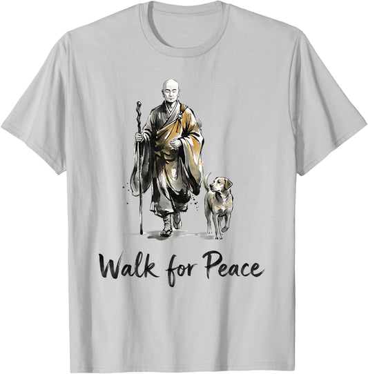 Minimalist Zen Art Walk for Peace Monks with Aloka Dog T-Shirt - T-Shirt | Ash