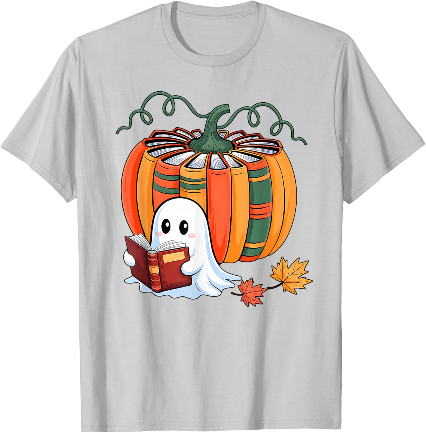 Fall Book Pumpkin Books Ghost Reading Halloween Teacher T-Shirt - T-Shirt | Ash