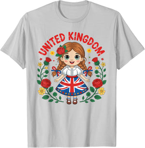 Cute United Kingdom Girl Dress with Union Jack Art for Kids T-Shirt - T-Shirt | Ash