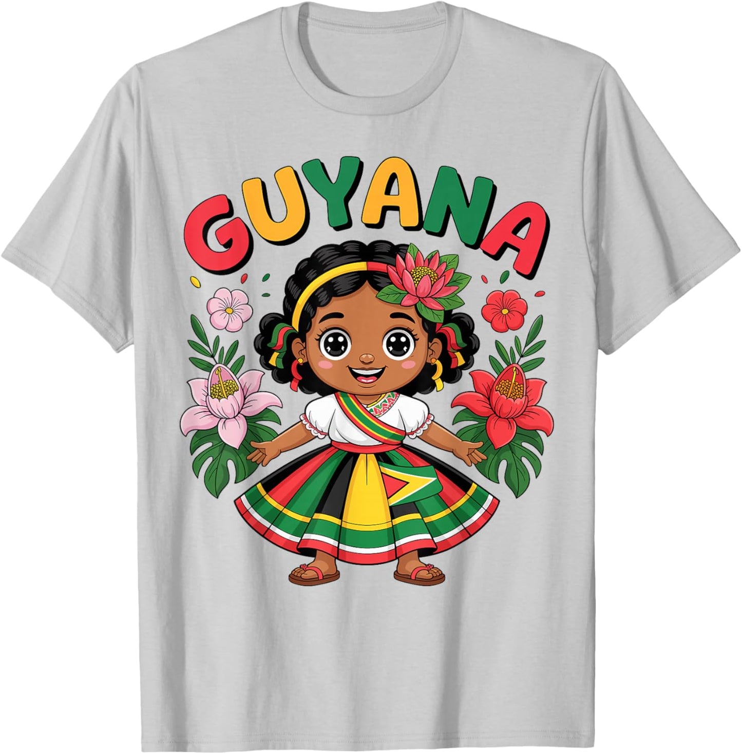 Guyanese Girl in Traditional Dress with Tropical Flowers T-Shirt - T-Shirt | Ash