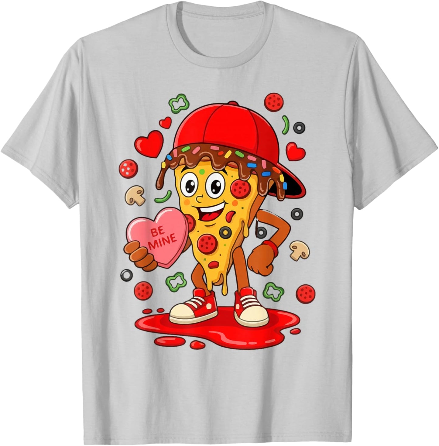 Funny Pizza Cartoon Slice Love Heart Valentine Art T-Shirt - T-Shirt | Ash