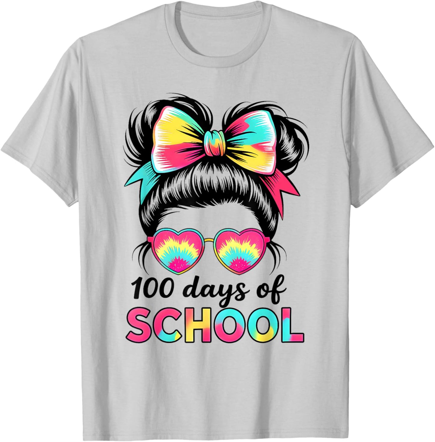 100 Days of School Girls Kids Messy Bun 100th Day of School T-Shirt - T-Shirt | Ash