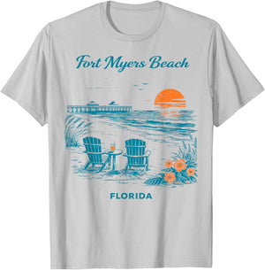 Fort Myers Beach Florida Vintage Travel Scenic Illustration T-Shirt - T-Shirt | Ash