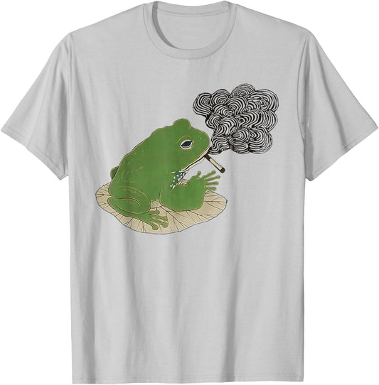 Tired Japanese Frog Funny Smoking Frog Meme Cigarette Gen Z T-Shirt - T-Shirt | Ash