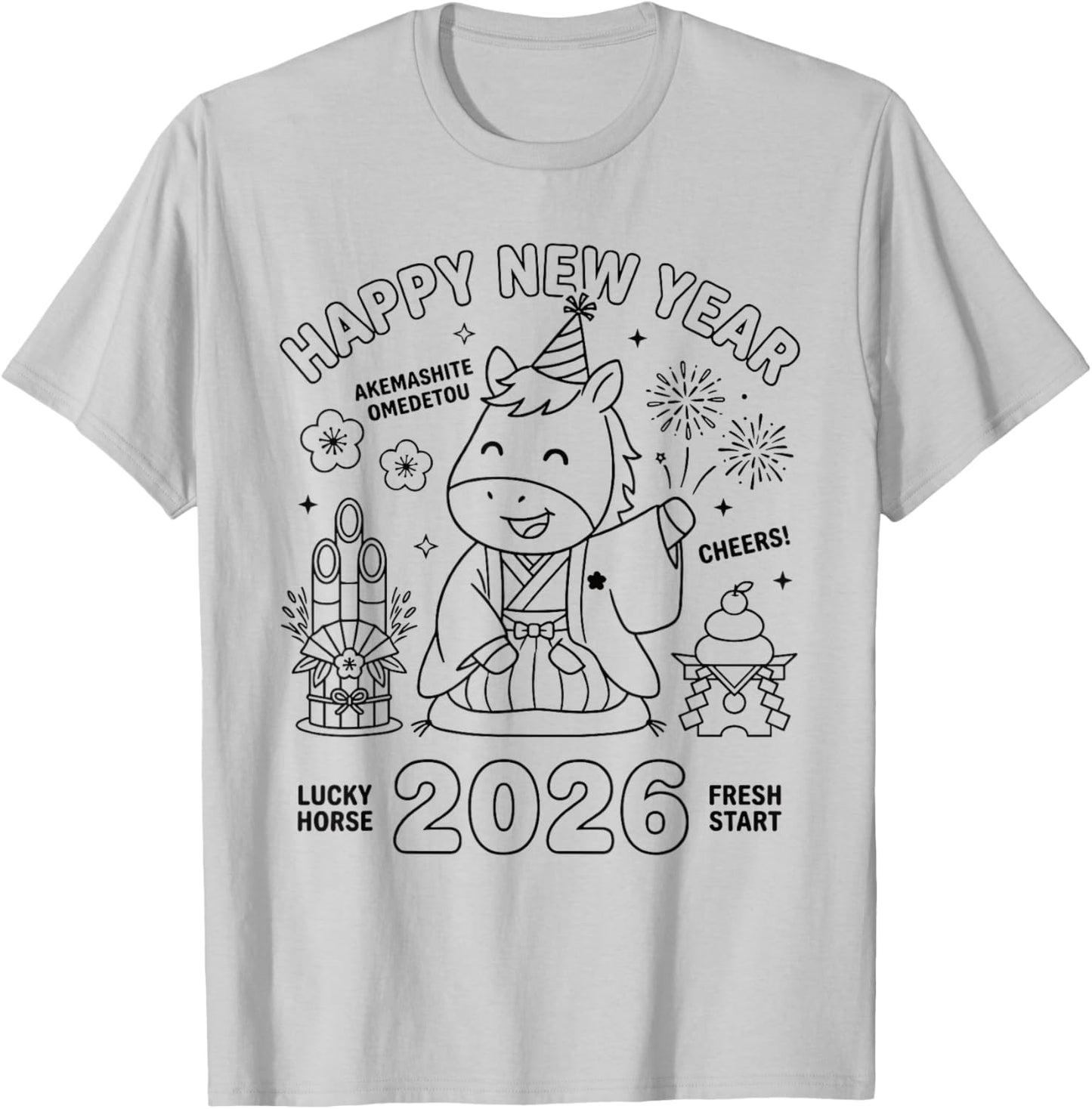 Happy New Year 2026 Cute Horse Japanese Celebration Graphic T-Shirt - T-Shirt | Ash