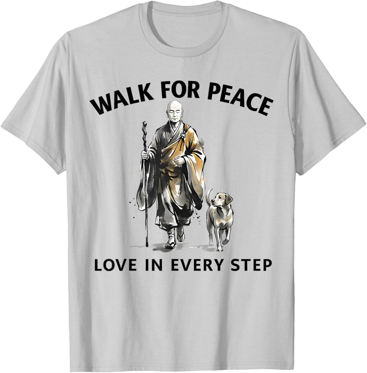 Retro Peace Walking Monks & Dog Minimalist Zen Art T-Shirt - T-Shirt | Ash