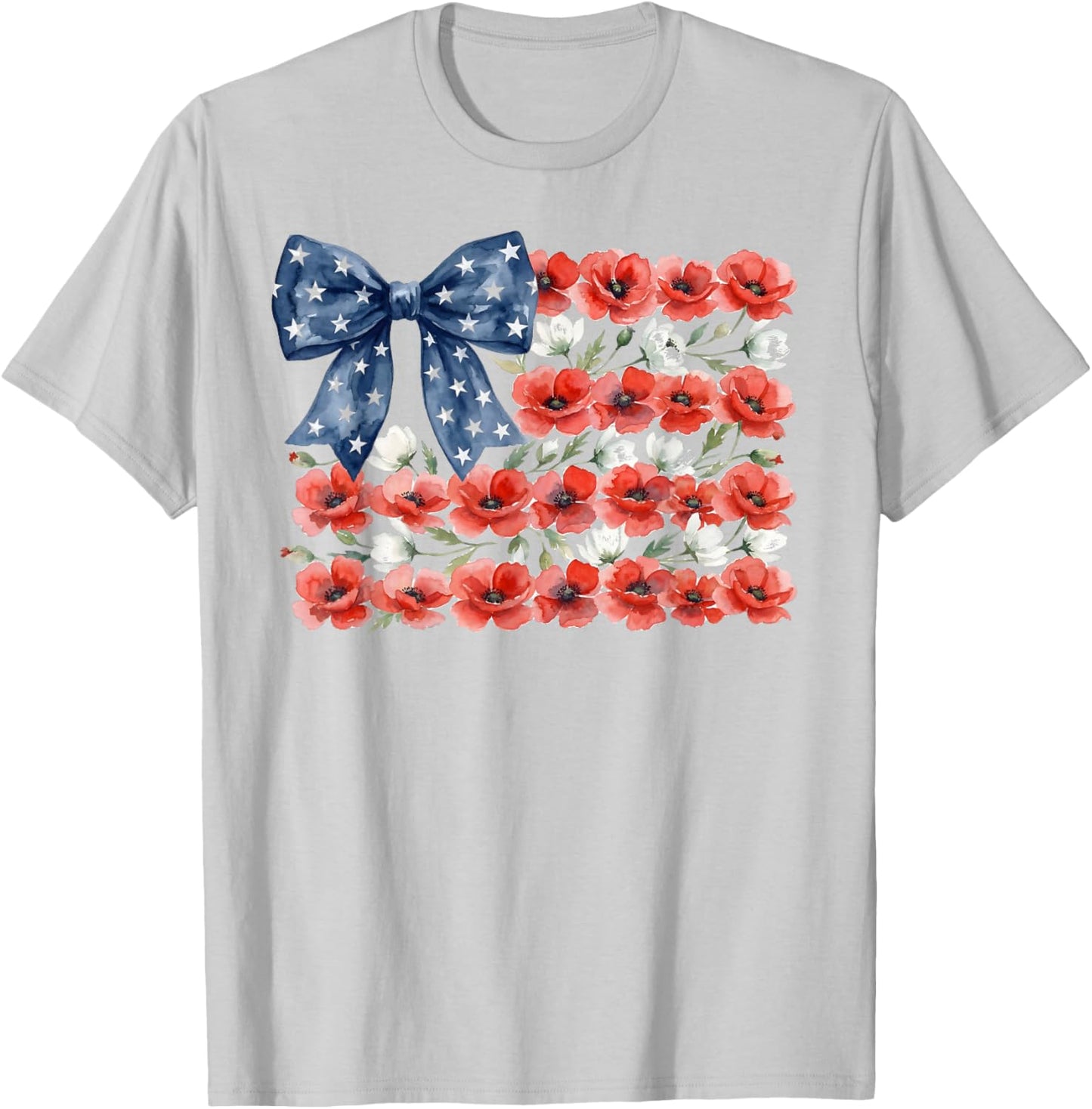 Floral American Flag Coquette Bow USA 4th of July Patriotic T-Shirt - T-Shirt | Ash