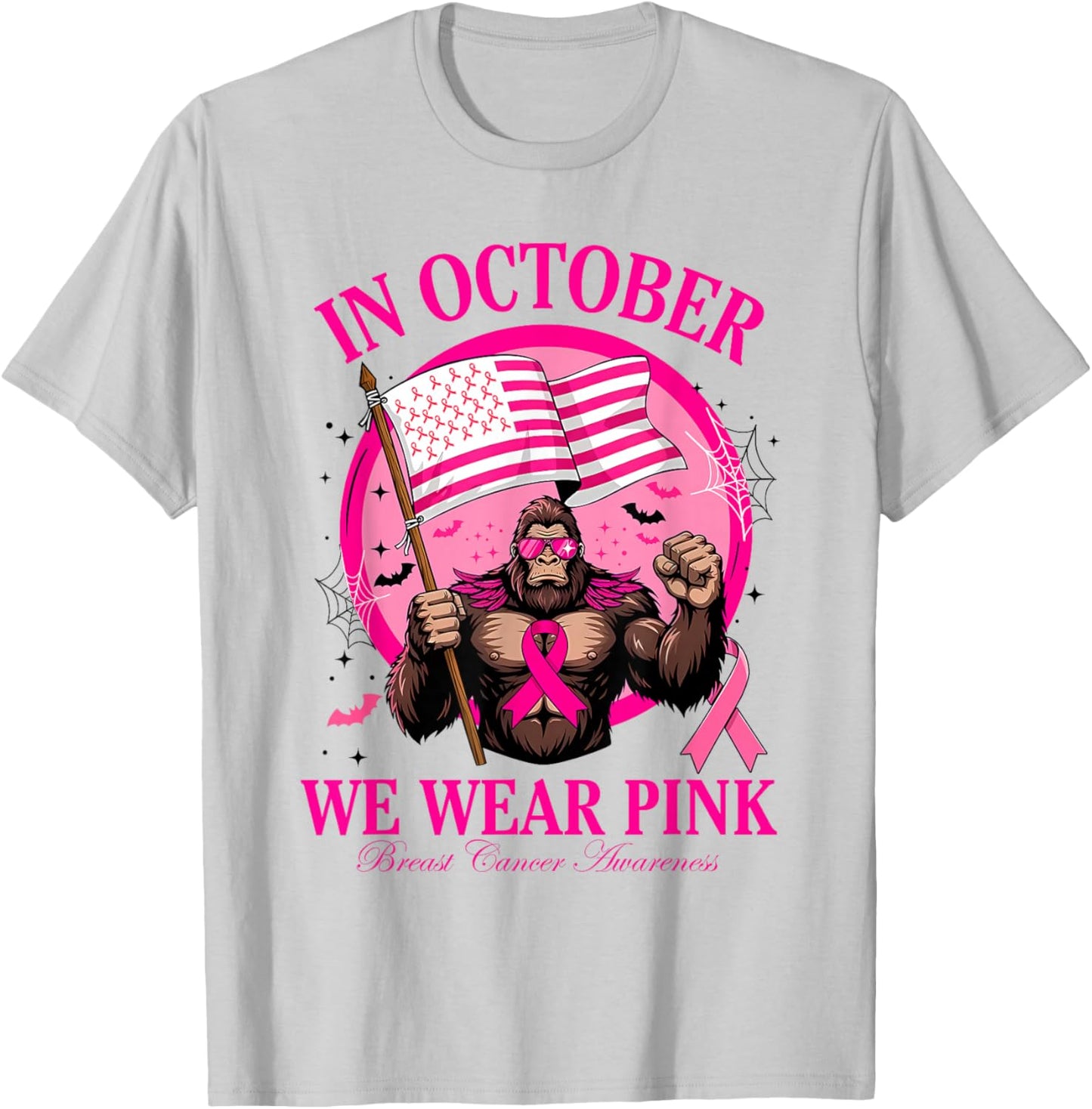 Bigfoot Pink Ribbon Breast Cancer Awareness Month Women Men T-Shirt - T-Shirt | Ash