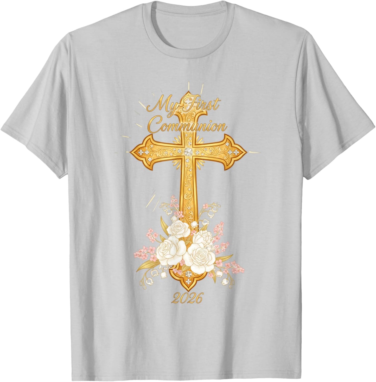 My First Communion 2026 Floral Cross Catholic Girls T-Shirt - T-Shirt | Ash