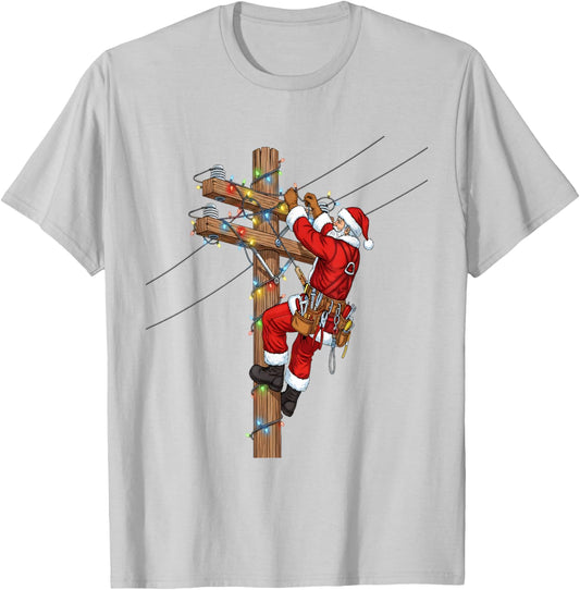 Funny Santa Lineman Christmas T-Shirt - T-Shirt | Ash