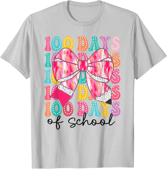 100 Days of School 100th Day Coquette Bow Girls Teacher T-Shirt - T-Shirt | Ash