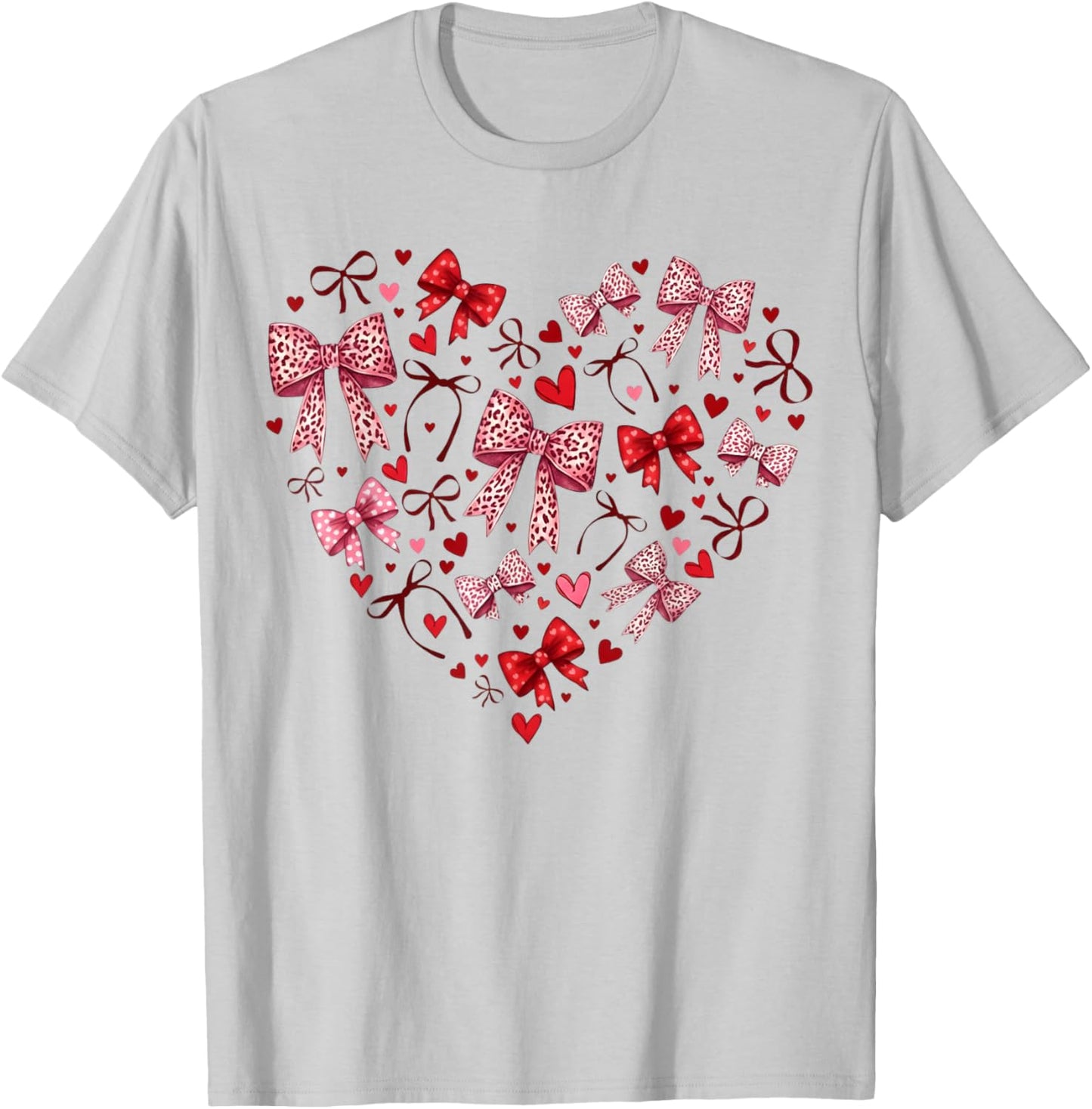 Valentines Day Hearts Leopard Coquette Bow Women Girls Boys T-Shirt - T-Shirt | Ash