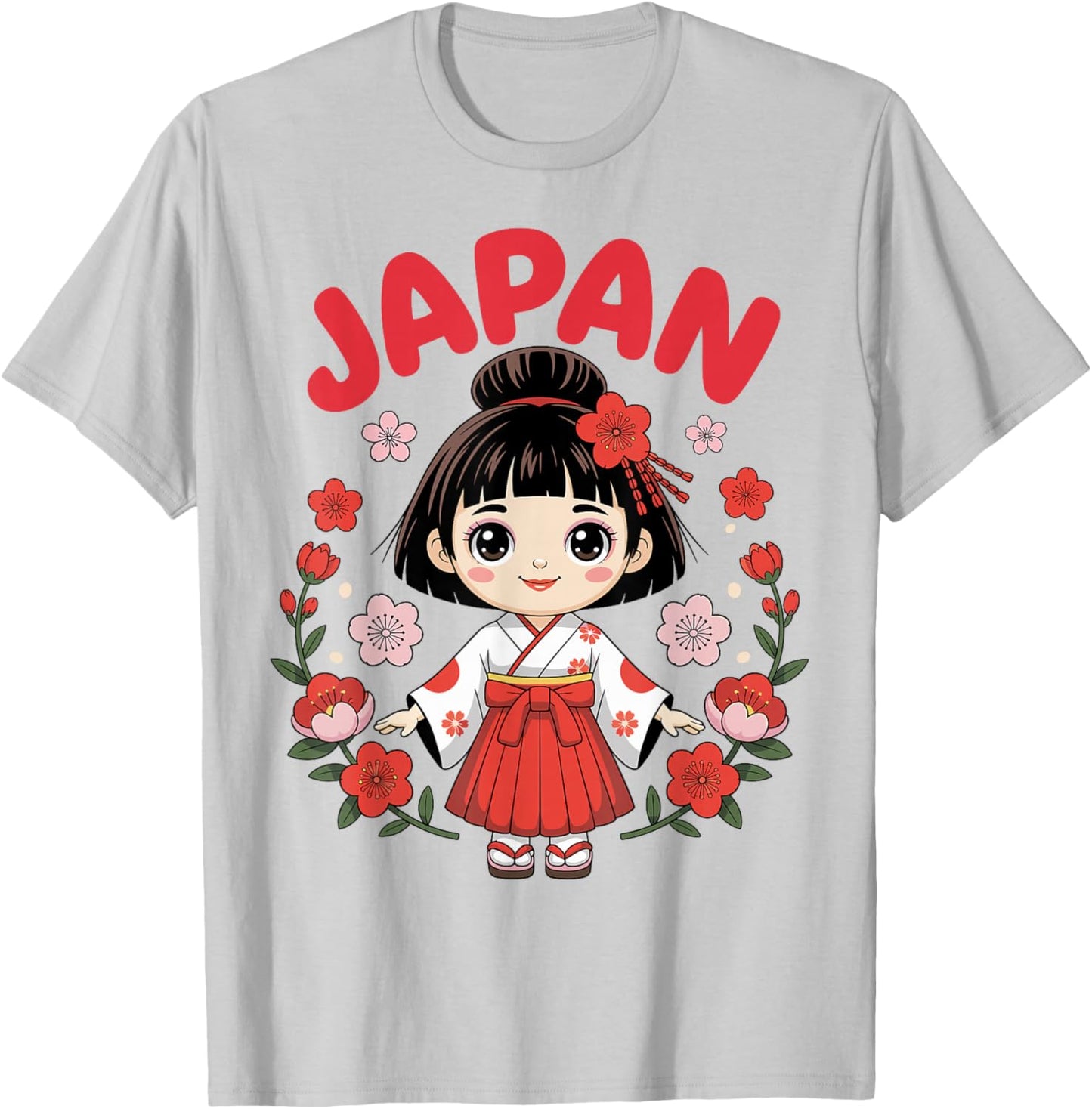 Cute Japan Girl Traditional Kimono Cherry Blossoms for Kids T-Shirt - T-Shirt | Ash