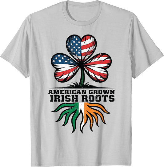 Men American Grown Irish Roots Flag Shamrock St Patricks Day T-Shirt - T-Shirt | Ash
