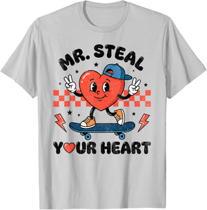 Cute Mr Steal Your Heart Checkered Valentine Boy Skateboard T-Shirt - T-Shirt | Ash
