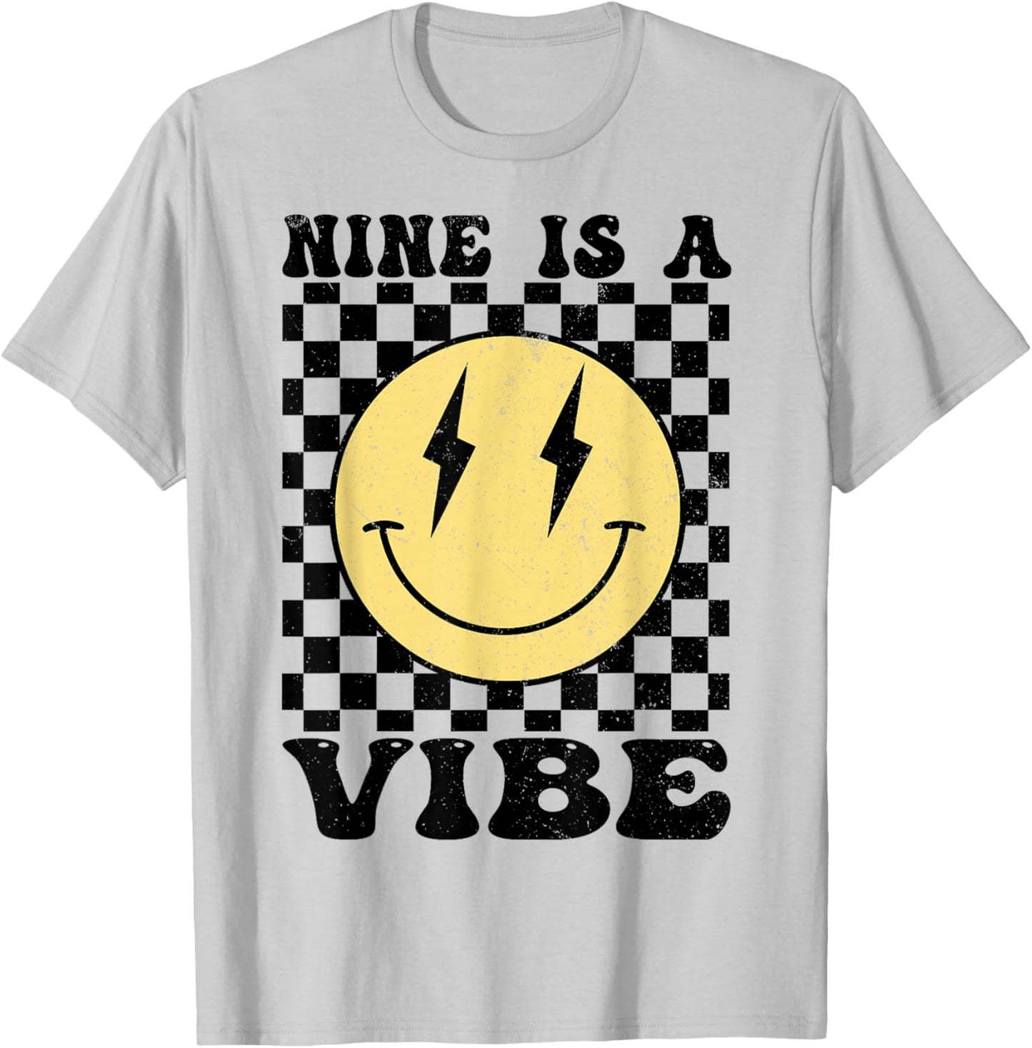 Nine is A Vibe 9 Years Old Birthday Happy Face 9th Birthday T-Shirt - T-Shirt | Ash
