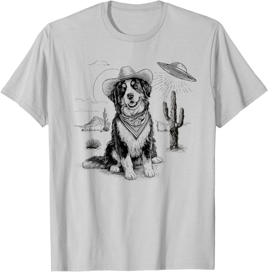 Funny UFO Bernese Mountain Dog Alien Vintage 90s Wild West T-Shirt - T-Shirt | Ash