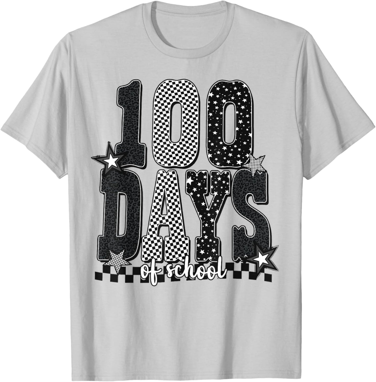 Black White Checkered Leopard 100 Days of School Stars T-Shirt - T-Shirt | Ash