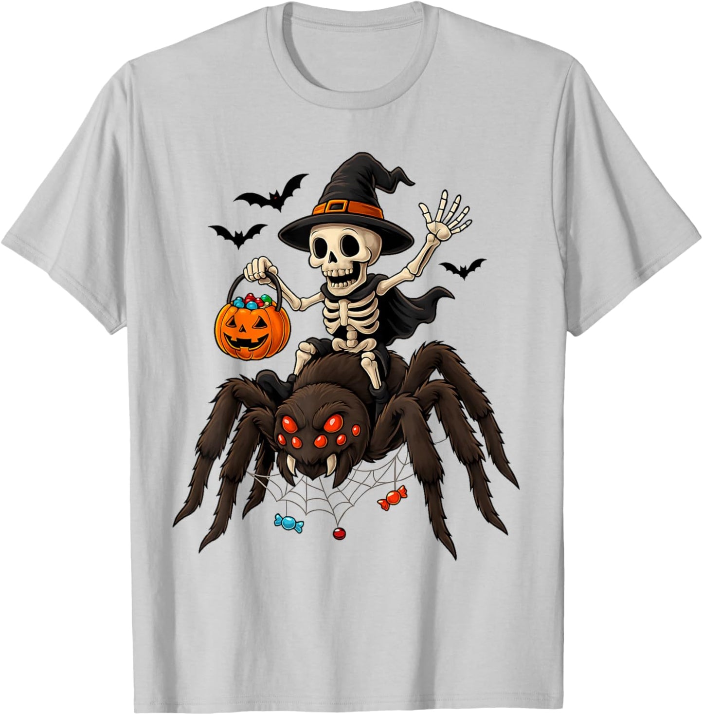 Skeleton Riding Spider Funny Halloween Costume Men Women Kid T-Shirt - T-Shirt | Ash