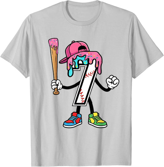 7th Birthday Baseball Ice-Cream Drip 7 Years Old Boys Girls T-Shirt - T-Shirt | Ash