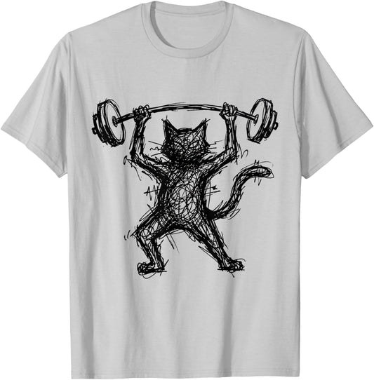 Cat Lifting Weights Abstract Scribble Art Gym Weightlifting T-Shirt - T-Shirt | Ash